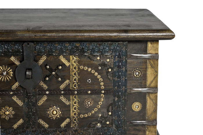 GINER Y COLOMER - Coffre de rangement en bois de manguier massif couleur marron foncé - Décor ancien avec détails en bronze et métal - Dimensions : 80 x 40 x 46 cm